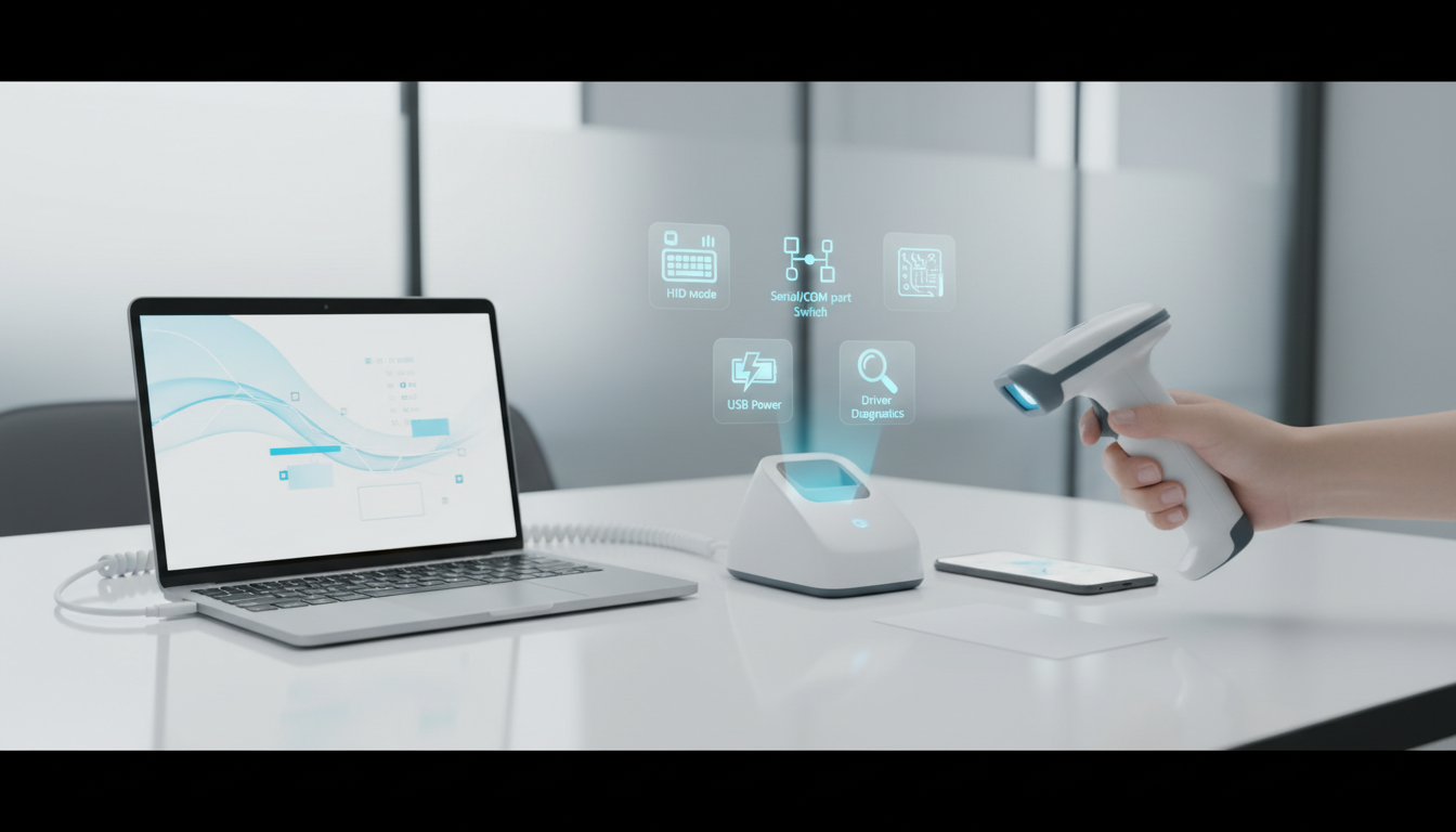 商家助手扫码枪扫描无反应或串码怎么办？HID/串口模式切换、键盘布局设置与USB供电/驱动冲突排查教程