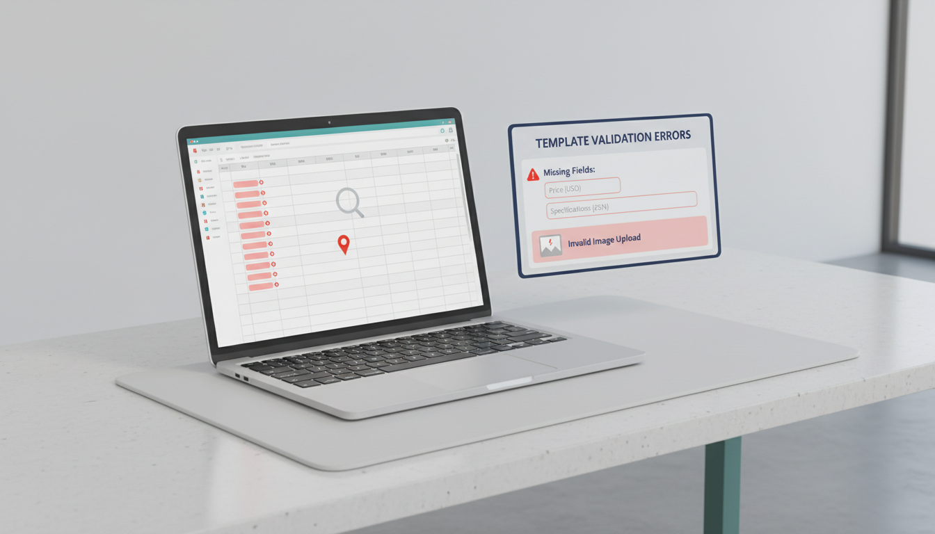 商家助手批量上架商品失败（模板校验不通过/规格价格缺失）怎么解决？字段填写规范、图片上传与错误行定位教程