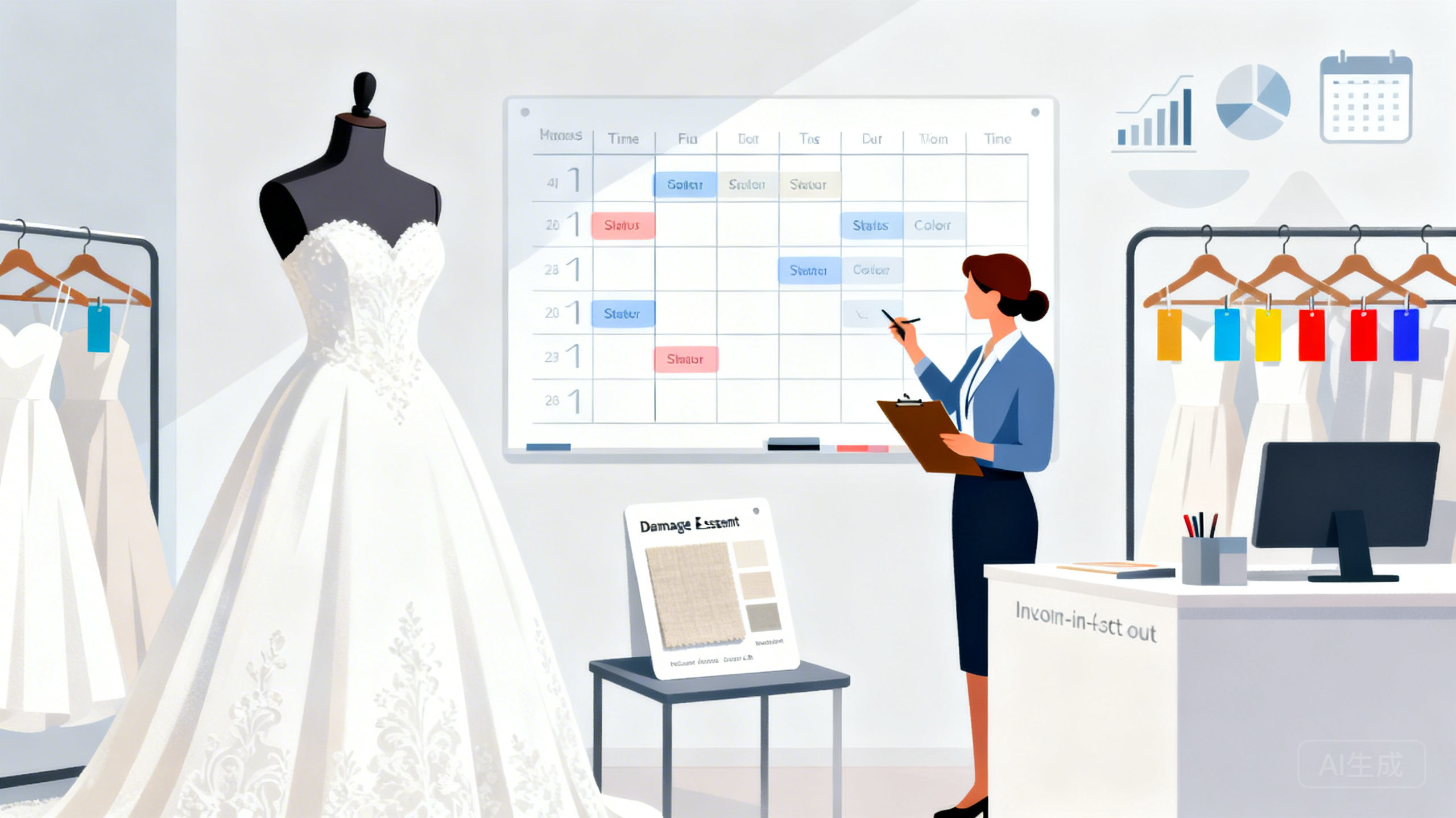 婚纱礼服租赁店试穿档期与污损赔付怎么管：用“试穿预约限流表＋礼服出入库状态牌＋污损定损标准表”把拒赔扯皮降到1%并让周转率提升30%