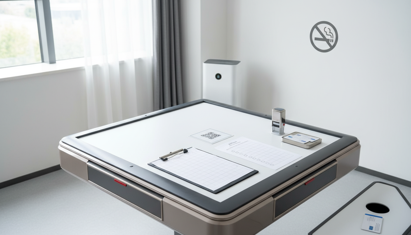 自助棋牌室（无人麻将馆）超时不走、烟味差评、牌桌设备损坏怎么控：开台二维码规则＋包间使用承诺书＋退房巡场记录表