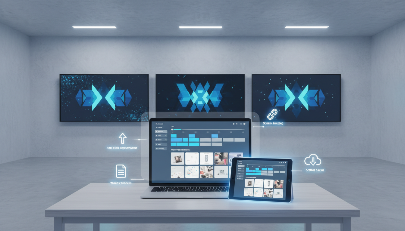 店内LED广告屏内容如何集中排期并一键下发？海康信息发布/向日葵商显云 屏幕绑定、节目模板、定时轮播与离线缓存播放实操教程