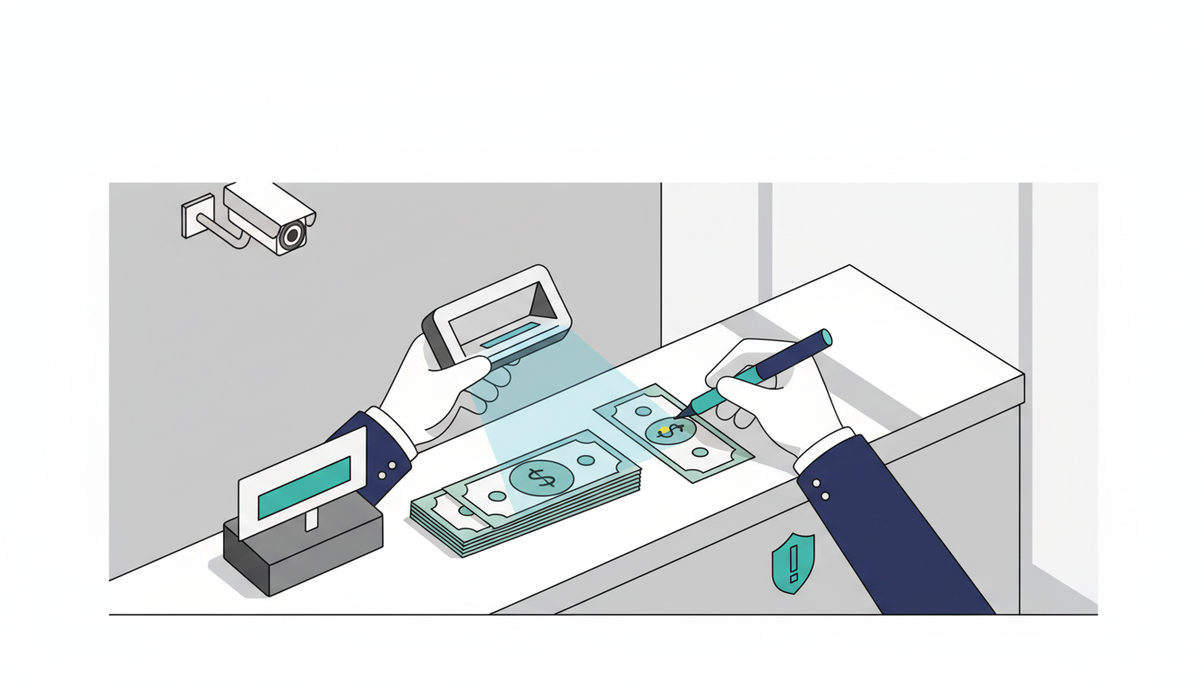 实体店防诈骗与假币识别指南：验钞操作流程、可疑交易信号清单与报警取证步骤