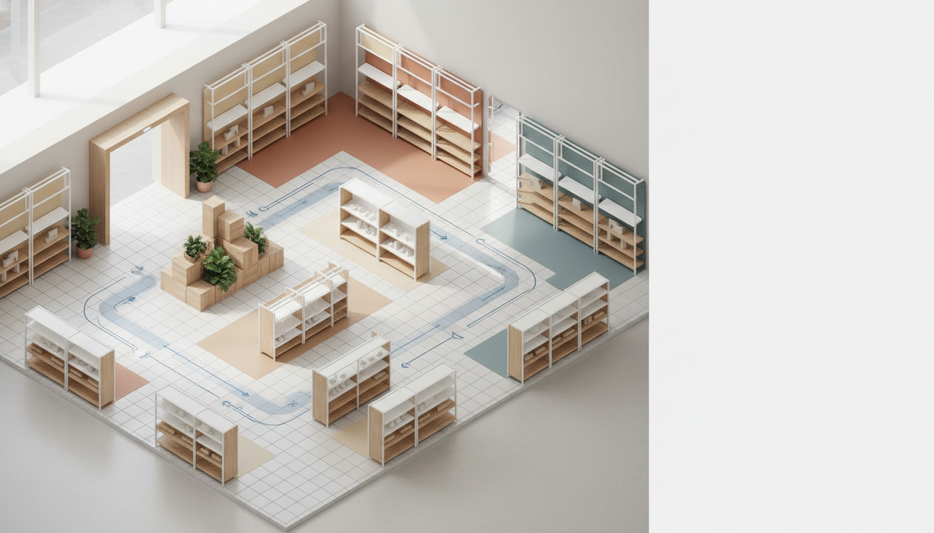 实体店顾客动线规划与货架布局指南：入口吸引点设置、回游路径设计与区域转化数据采集表