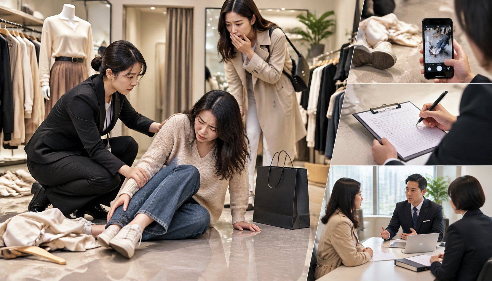 服装店顾客试穿时滑倒受伤并索赔怎么办：现场处置记录＋责任划分取证＋保险理赔案例复盘